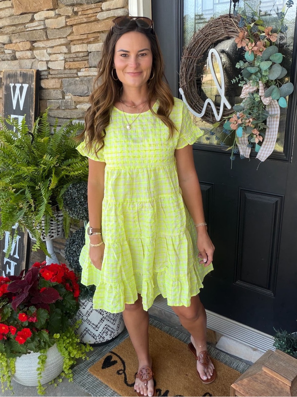 BiBi Neon Tiered Short Sleeve Ruffle Dress